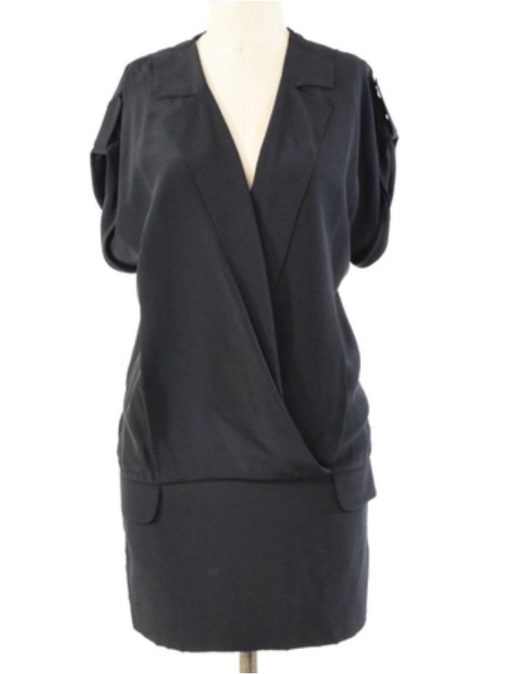 BCBG MAXAZARIA - Black Draped V-Neck Short Sleeve Dress Plunge Neckline